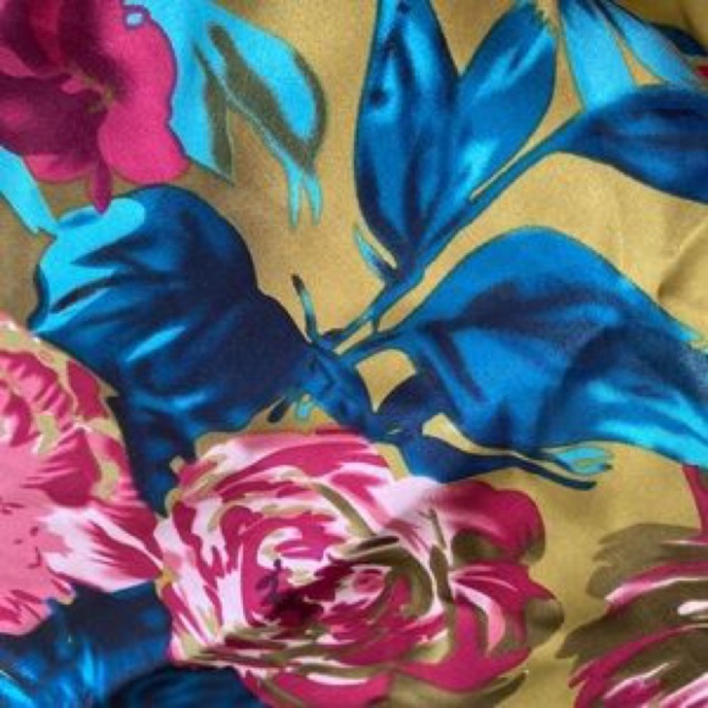 Floral Satin Square Scarf in Turquoise and Gold - Picture 4 of 5